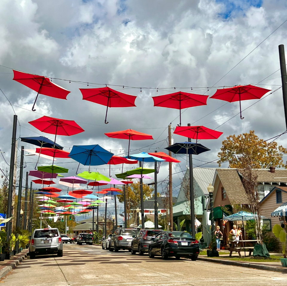 Antique Umbrella Alley located on First Street in the Antique District of Olde Towne, Slidell, Louisiana.